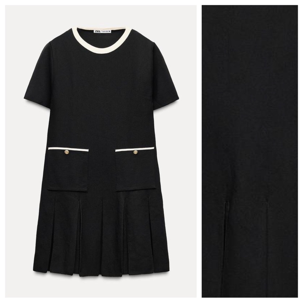 NWT. Zara Black/White Pleated Knit Short Dress. Size M.